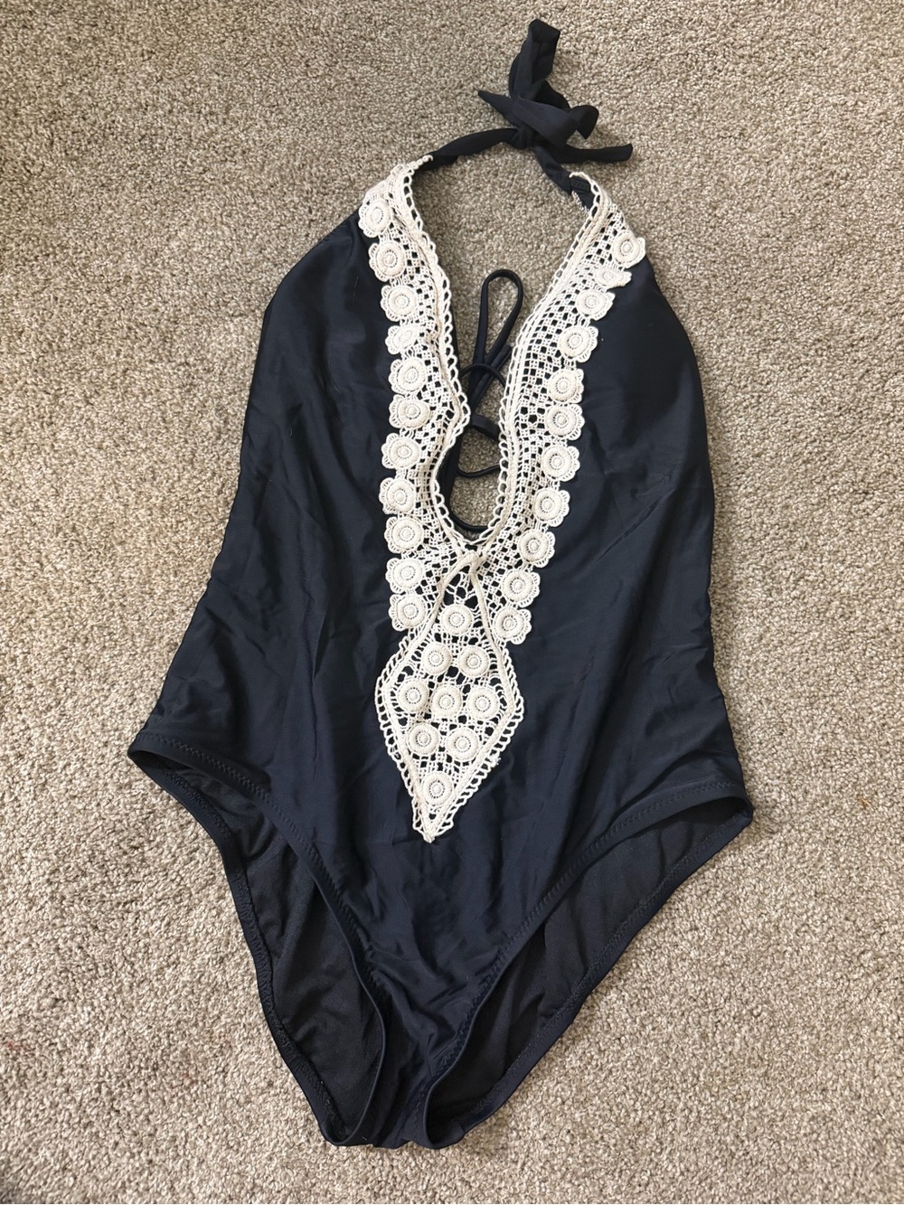 Massimo Black One-Piece Swimsuit with Ivory Crochet Plunge